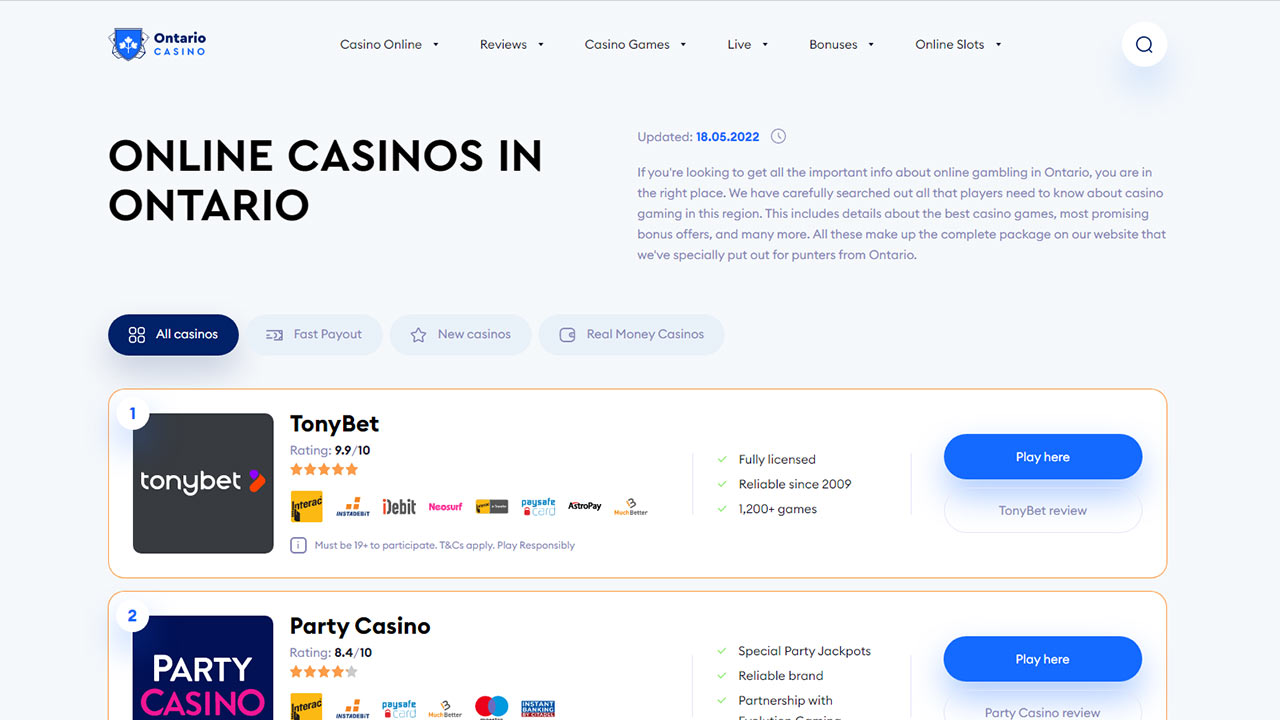 Ontariocasino info page